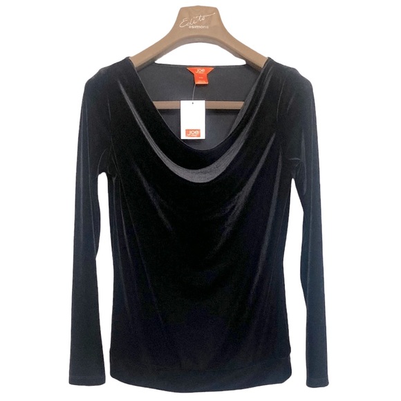 SM•JOE FRESH•NWT•BLACK CRUSHED VELVET LONG SLEEVE BLOUSE W COWL NECK• - Picture 1 of 5